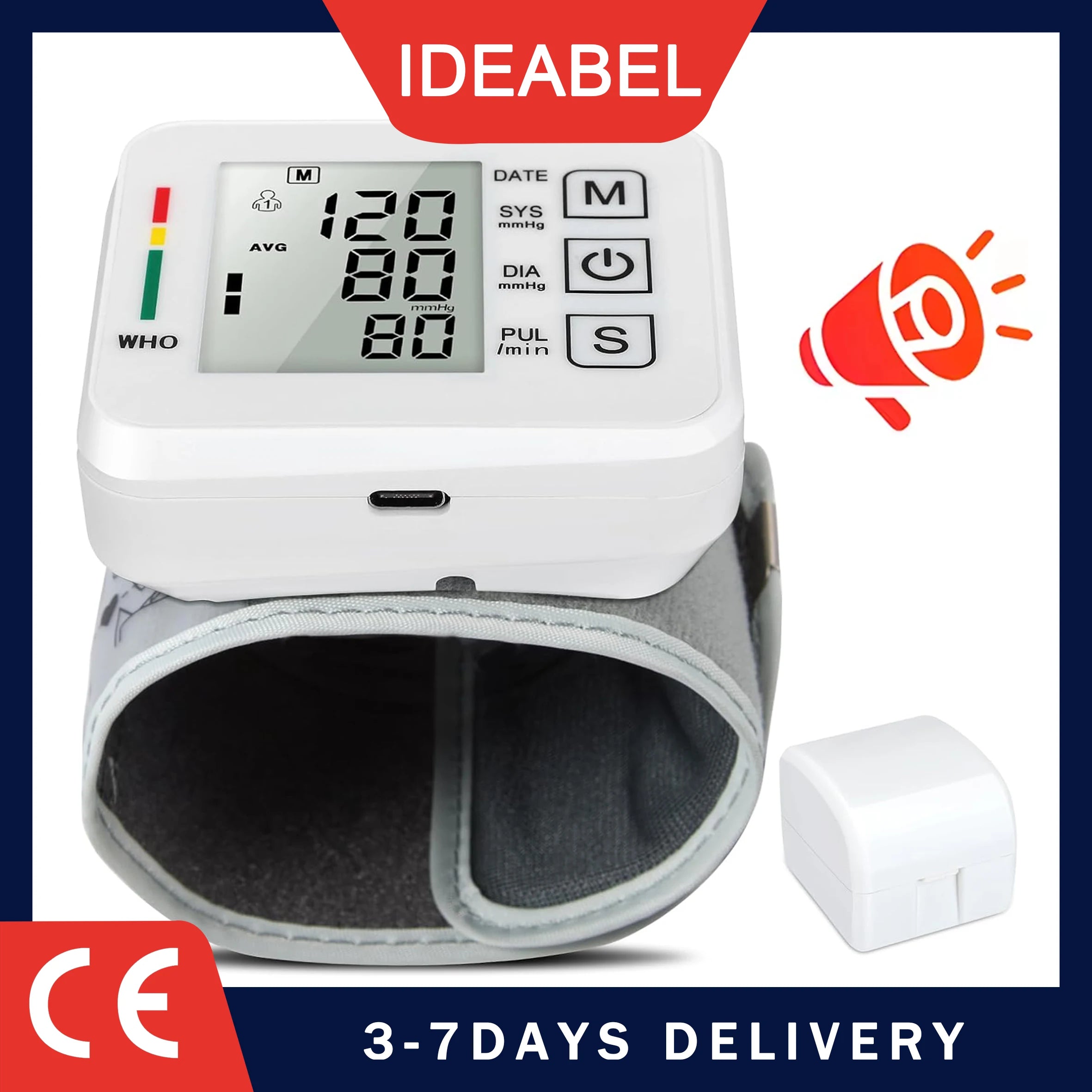 IDEABEL Voice Tonometer Tensiometer Heart Rate Pulse Meter BP Monitor Digital Wrist Blood Pressure Monitor Sphygmomanometer