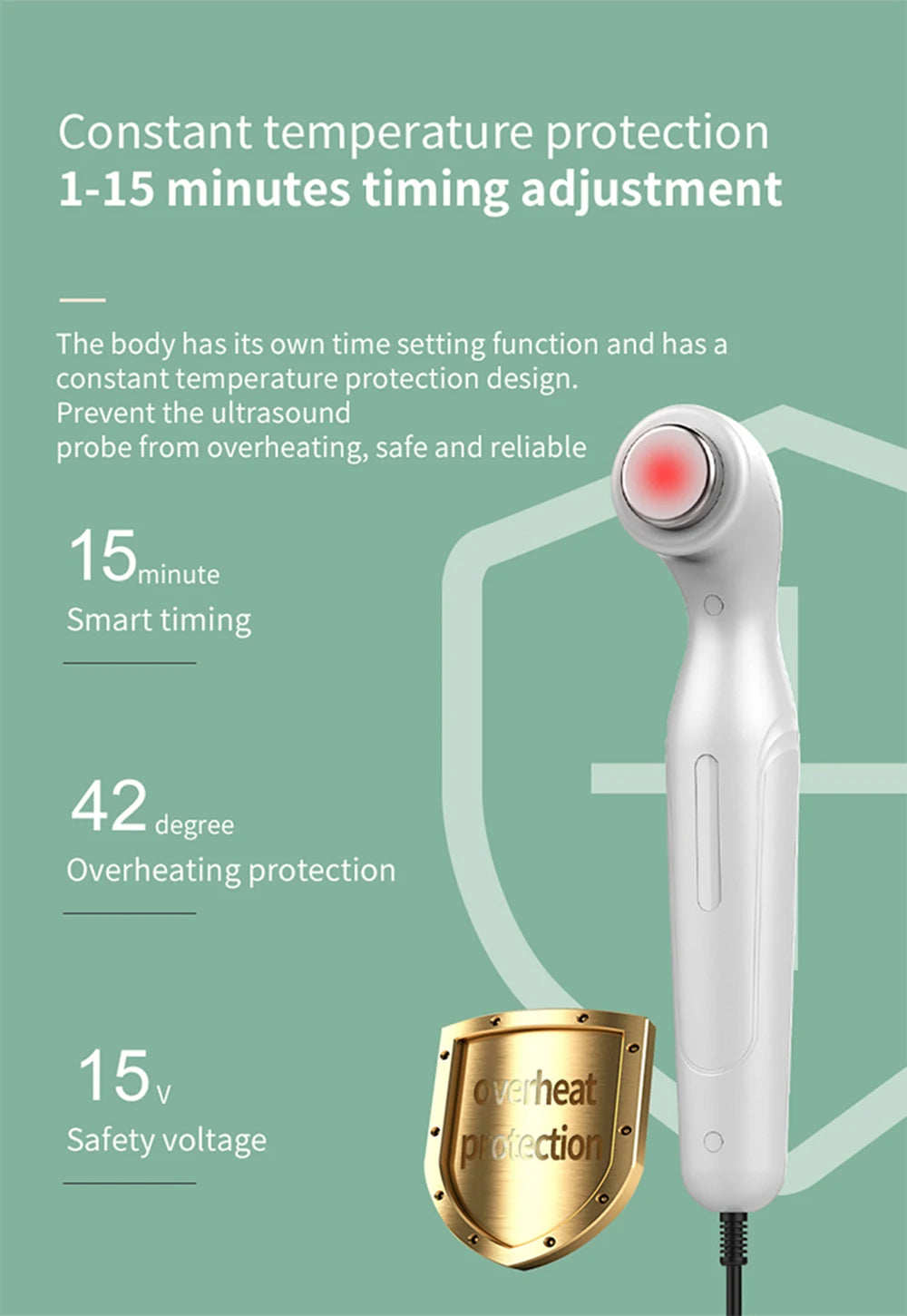 White handheld ultrasound physiotherapy massager for pain relief with 15-minute timer and overheat protection.