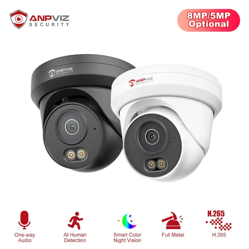 Dual-lens turret PoE security camera, one black and one white dome housing