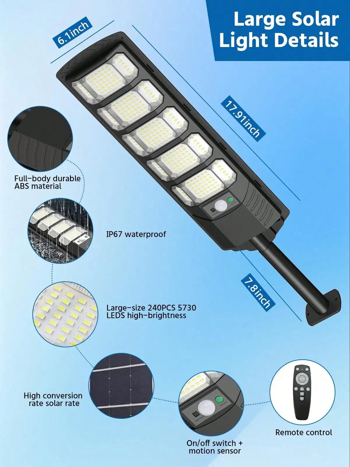 6500K Solar Street Light Outdoor IP67Waterfroof, 240PCS 5730LEDs Solar Flood Lights Outdoor Dusk To Dawn, Security Street Lights Motion Sensor With Remote Control For Parking Lot, Yard,Street
