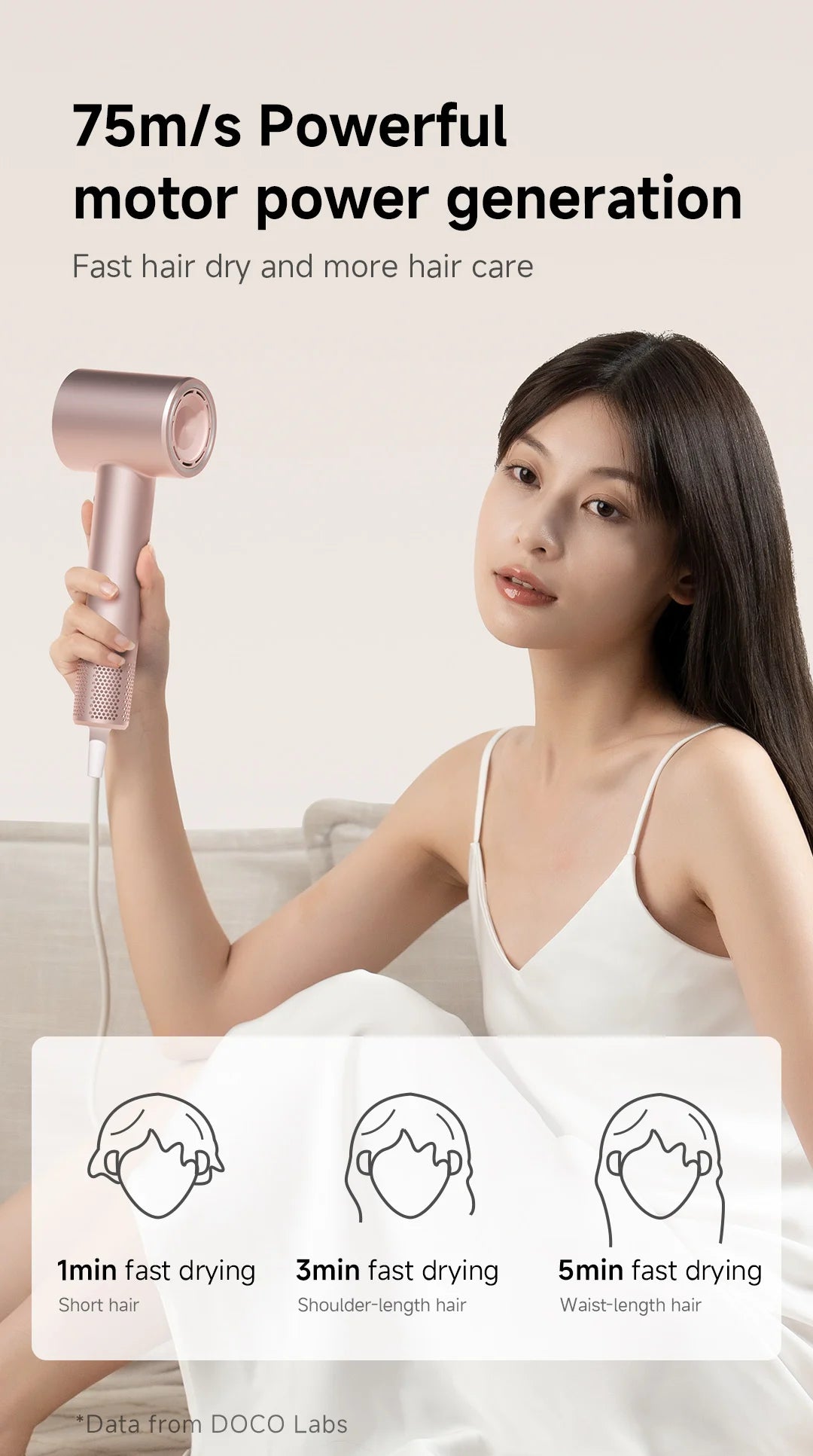 DOCO high-speed rose gold hair dryer with negative ions for fast, professional hair drying and care at home.