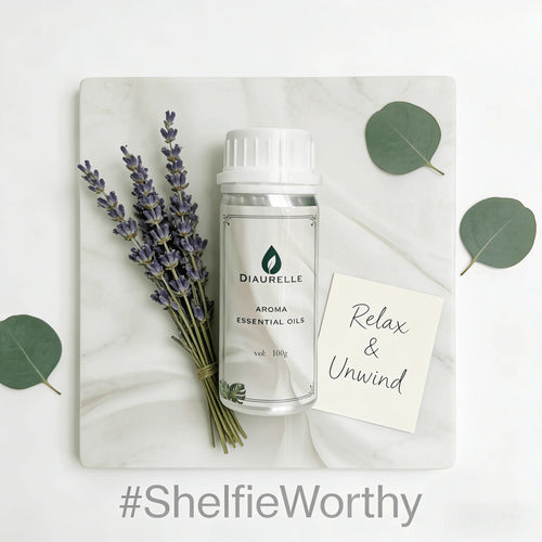 Diaurelle lavender essential oil in white metallic bottle for relaxation and aromatherapy wellness.