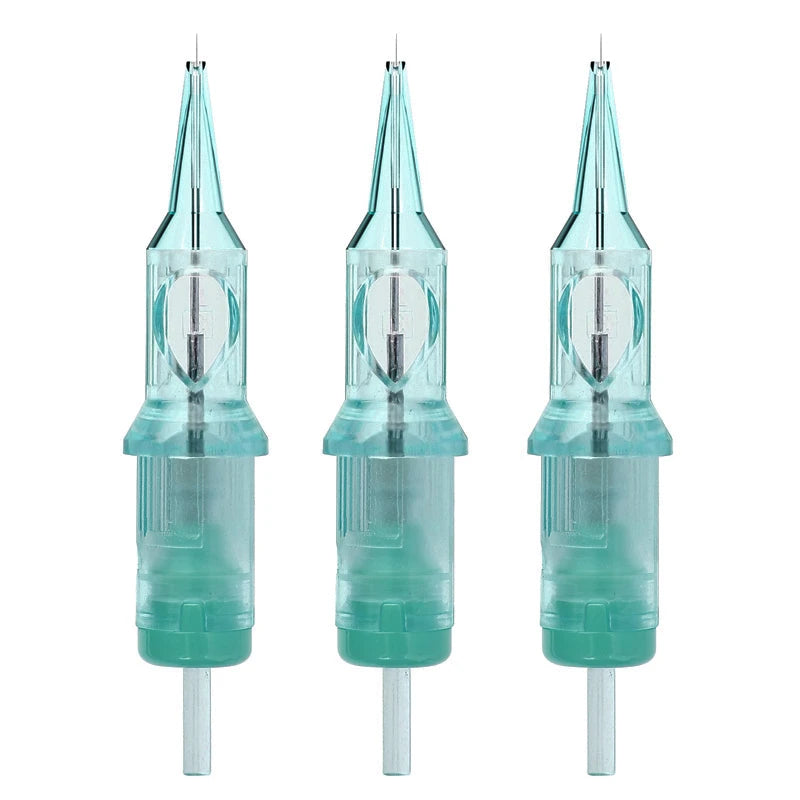 Three transparent green Viper PMU tattoo cartridge needles for lip makeup and SMP procedures on a white background.