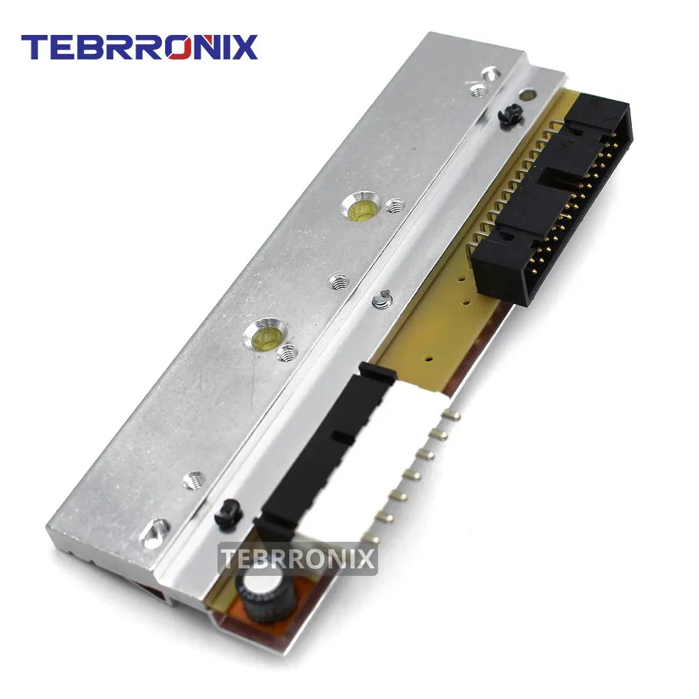 Thermal printhead side view with black socket, gold pins, and silver metal body