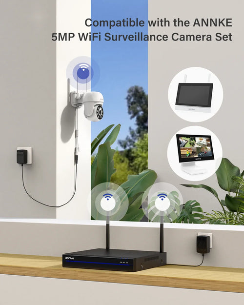 White PT security camera on wall mount with wireless setup and monitor interface icons.