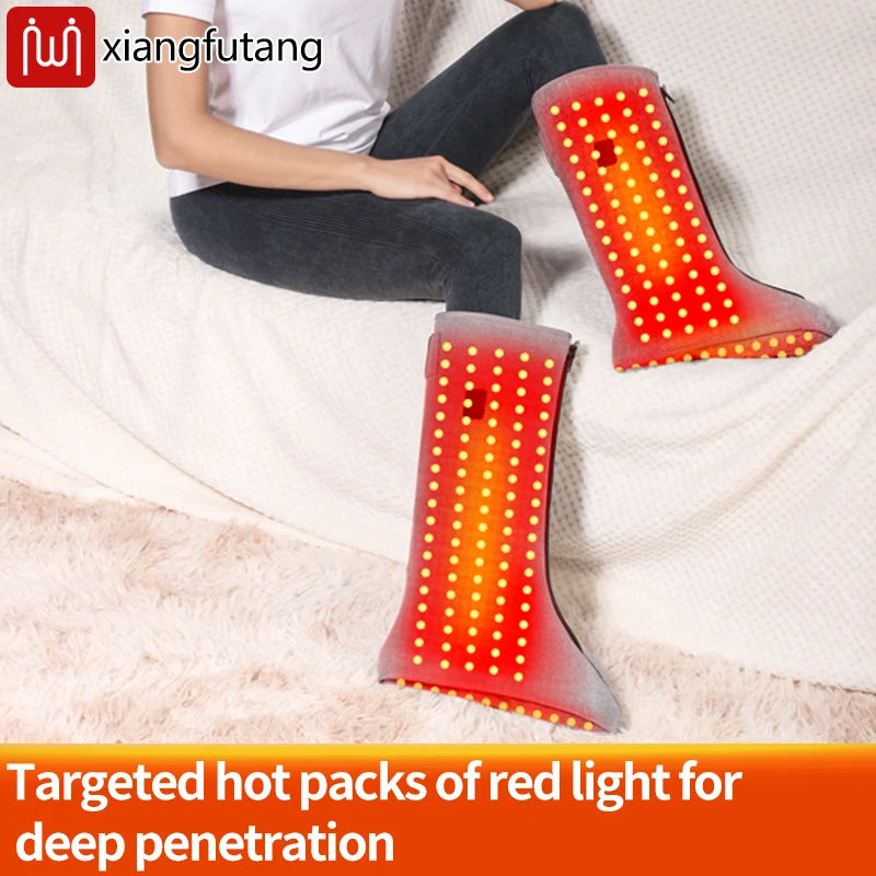 Full-wrap heated leg and foot massager with red light therapy for circulation, warmth, and pain relief.