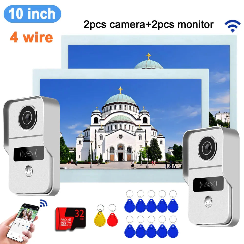 Wireless WiFi Video Doorbell 4 Wire 10 inch Touch Screen Tuya Smart 2V2/2V3 Home Video Doorphone Intercom System RFID APP Unlock