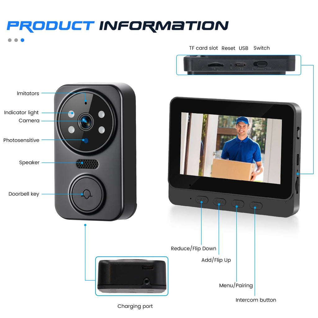 Podofo 4.3" Monitor Wireless Doorbell Camera Infrared Night Vision Door Ring Intercom Video Two-Way Audio Visual Doorbell Monit