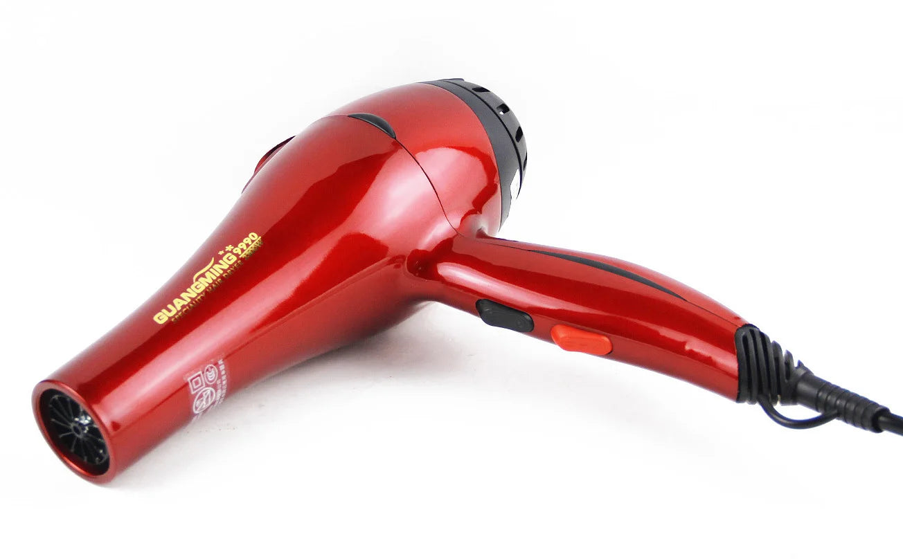 Shiny red professional 2300W salon hair dryer with long cord, ergonomic handle, and nozzle for salon styling.