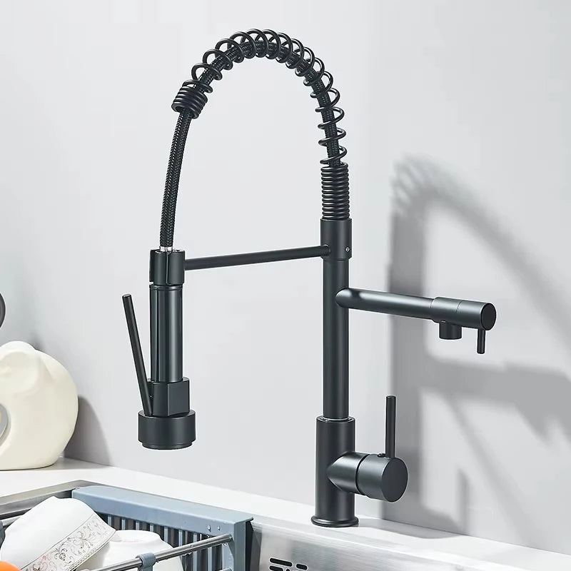 Pull Down Kitchen Sink Faucet Hot Cold Water Mixer Crane Tap with Dual Spout 360 Rotation Deck Mounted