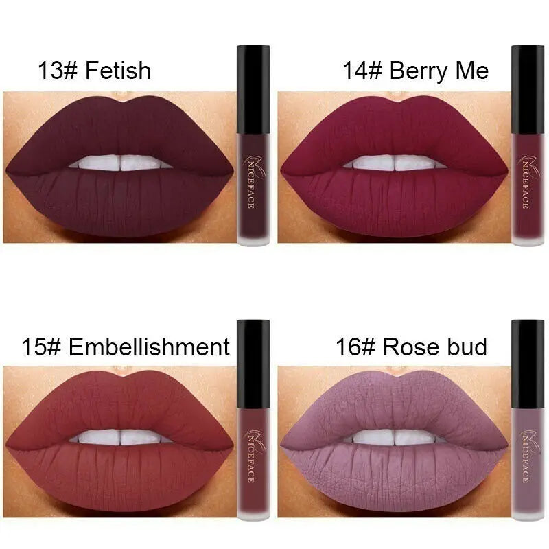 Four shades of waterproof matte liquid lipstick with velvet finish and applicator wands, showing rich pigment.