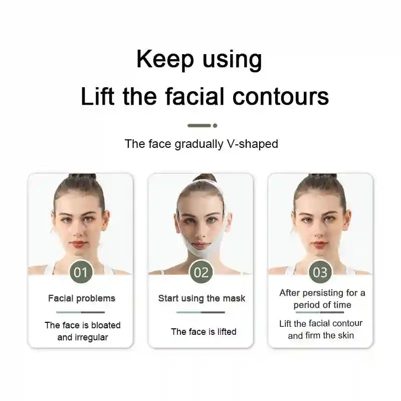 V-line face slimming bandage strap showing three-step facial lifting process for tighter, contoured skin.