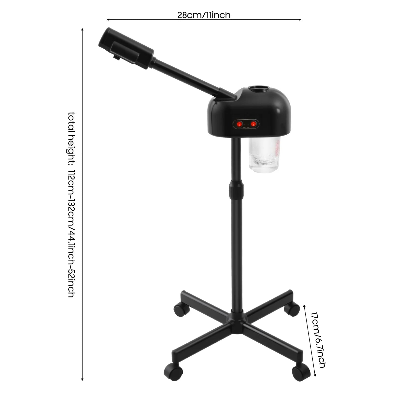 Professional black facial steamer with 750ml tank, adjustable height stand, and rolling wheels for spa or salon use.