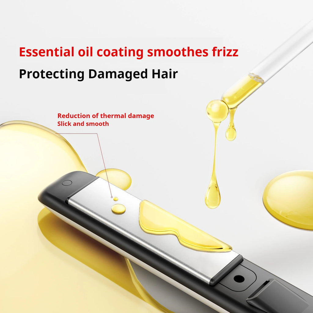 2-in-1 hair straightener with essential oil coating plate for heat-protected, frizz-free styling on damaged hair.