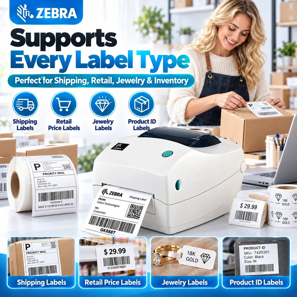 Desktop label printer in use beside shipping boxes and label roll supplies