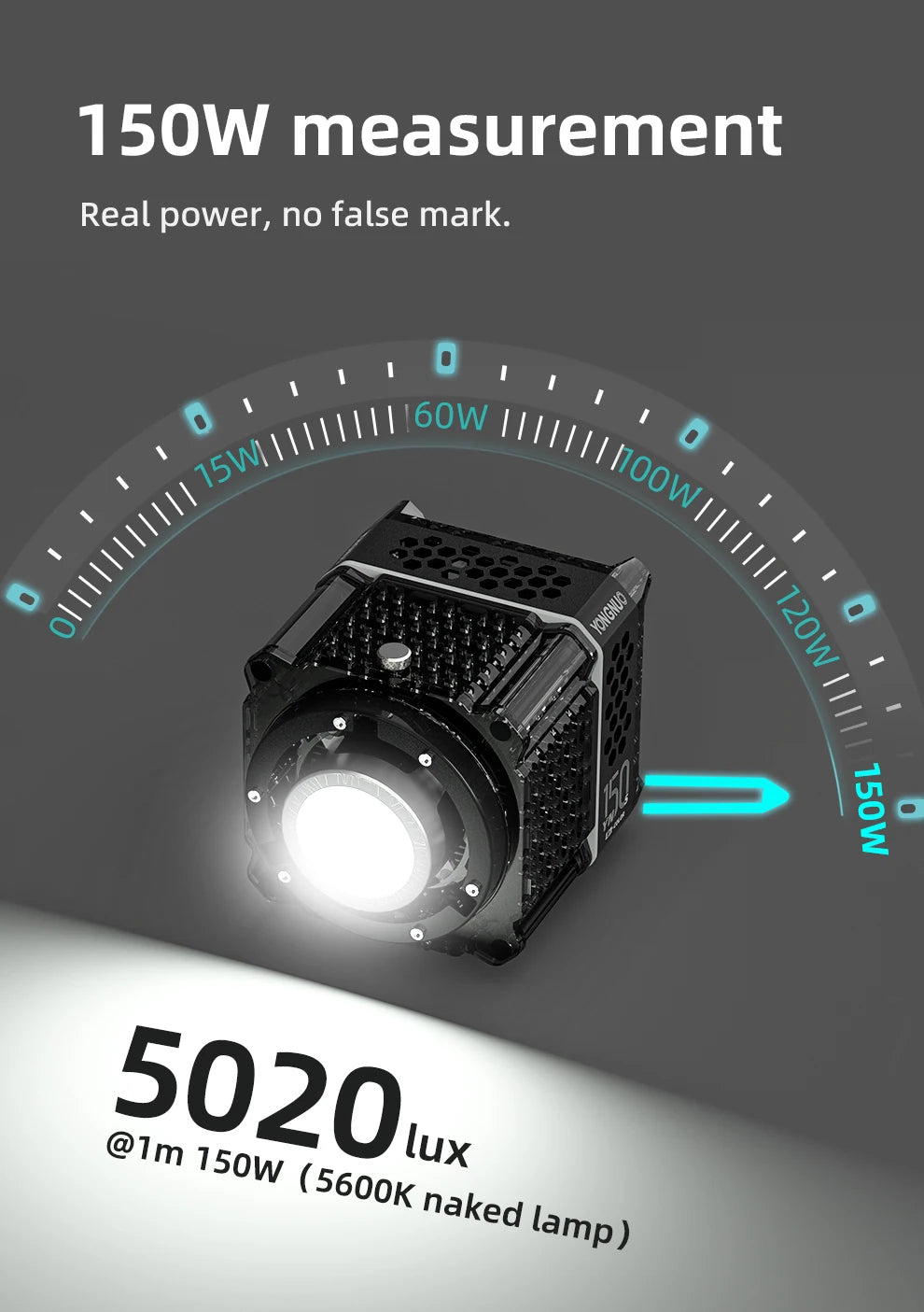 Black 150W LED video light with a square metal housing and circular lens, emitting a bright white 5600K beam.