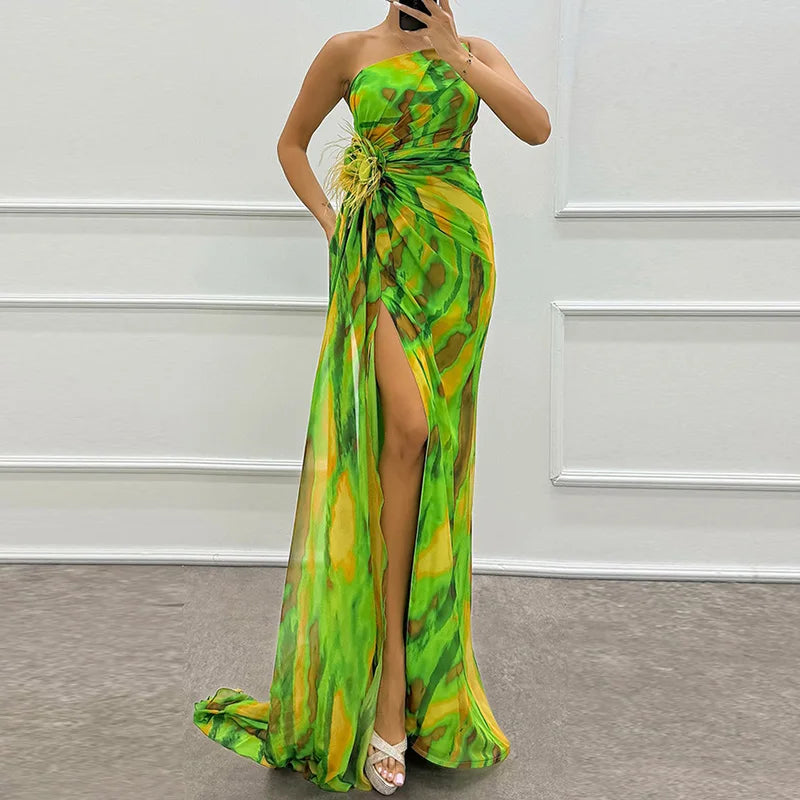 Printed Skew Collar Simple Party Dress, Women Summer Patchwork Sleeveless Elegant Maxi Dress, 2024 Backless Fashion Ladies Dress