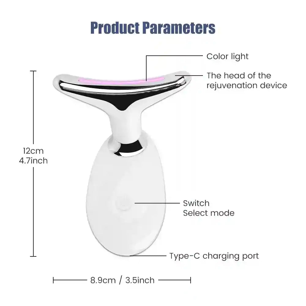White T-shaped facial massager with silver trim, pink LED light, power button, and labeled dimensions of 12cm x 8.9cm.