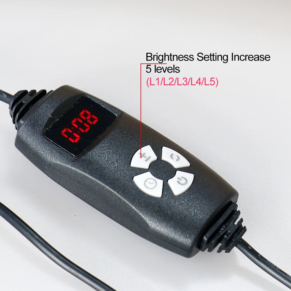 Red light therapy belt controller with digital LED display and 5-level brightness settings for pain relief device.