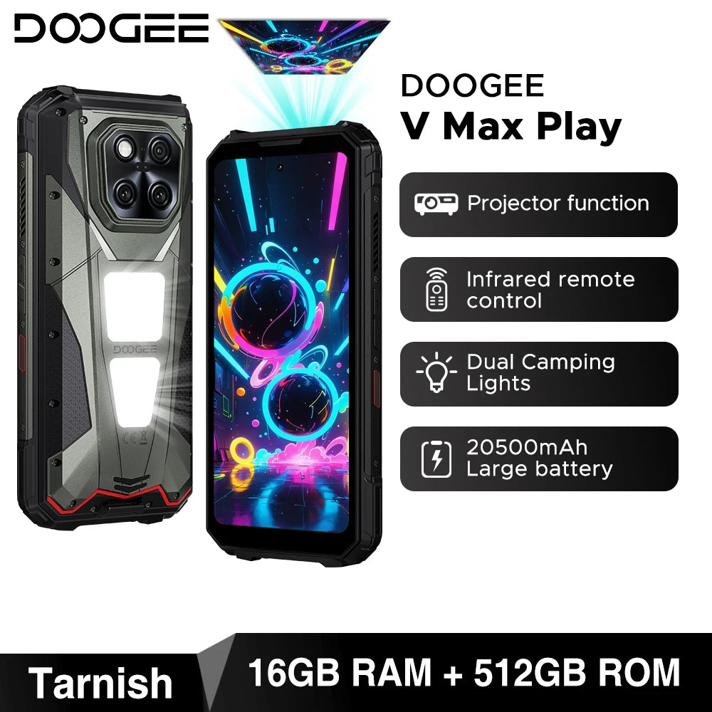 DOOGEE V Max Play tarnish rugged phone with projector, 20500mAh battery, and dual camping lights.