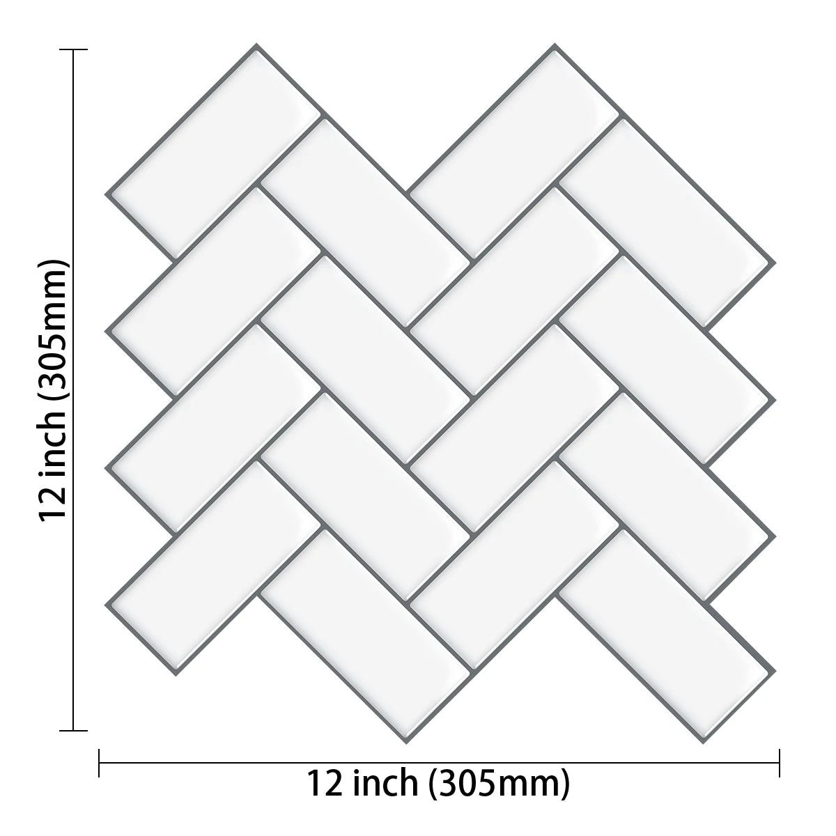 12x12 inch sheet layout of light gray herringbone peel-and-stick tiles.