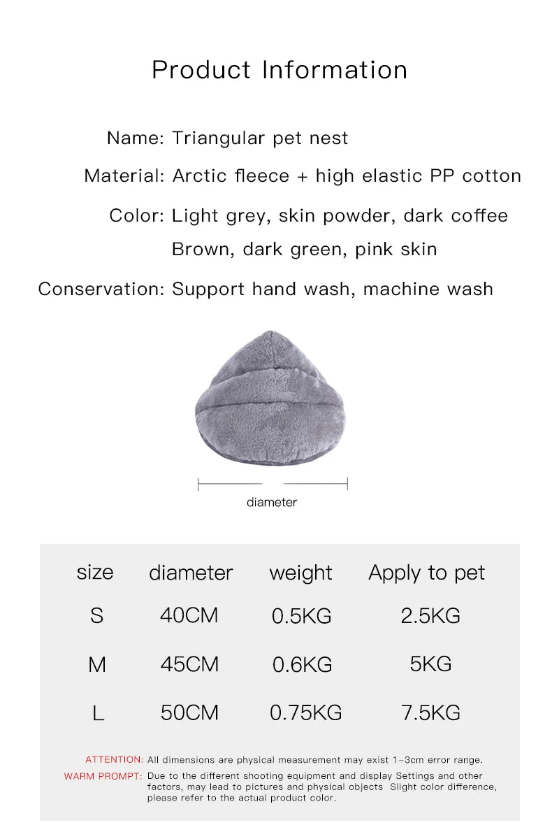 Washable triangular dog and cat bed made of plush arctic fleece for cozy, warm pet comfort. Multiple sizes available.