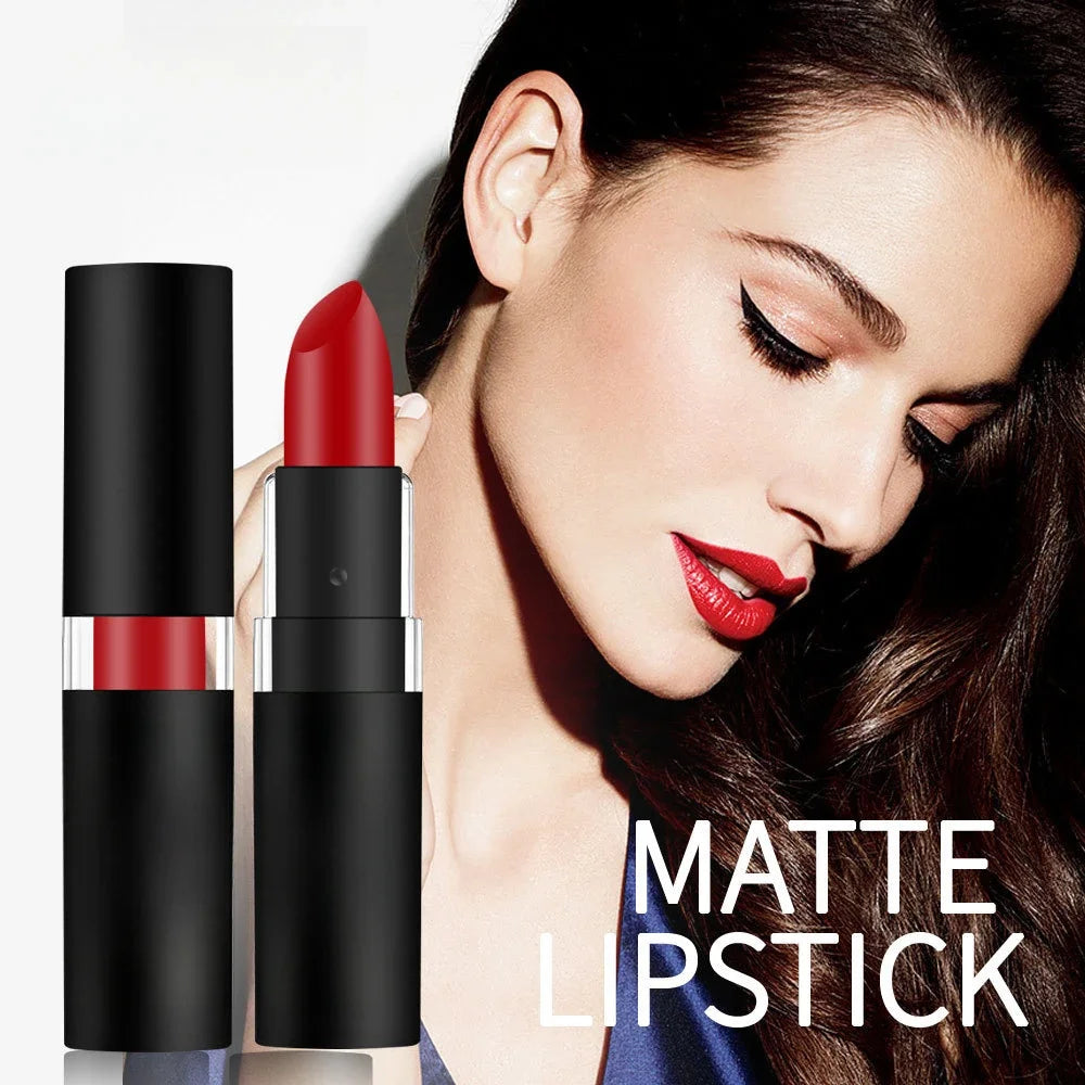 Waterproof dark wine red matte lipstick in black tube worn by a model with elegant makeup for a sexy long-lasting look.