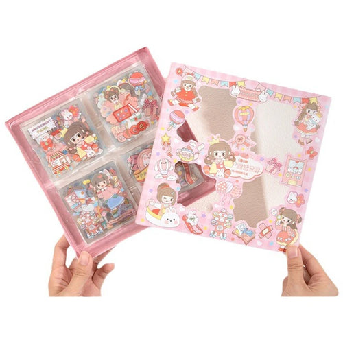 Set of 20 cute cartoon stickers on pink sheets, transparent backing, assorted characters