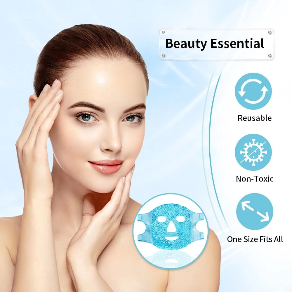A blue, gel-bead face mask for hot and cold therapy, shown with icons indicating it is reusable, non-toxic, and sized.