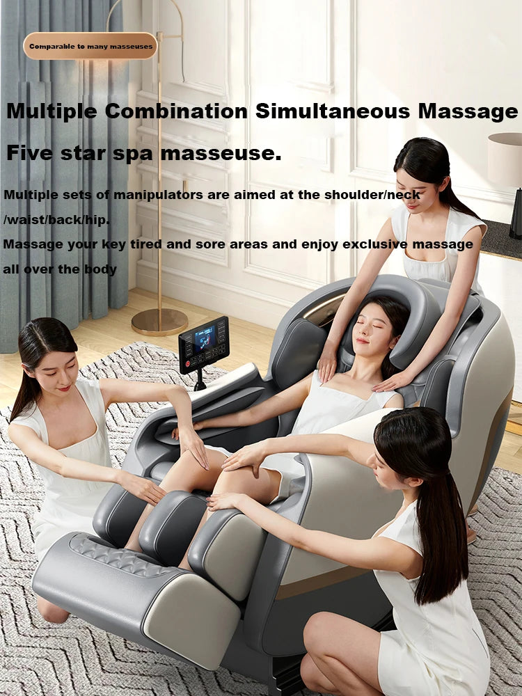 Gray and beige massage chair supporting a seated person for shoulder massage