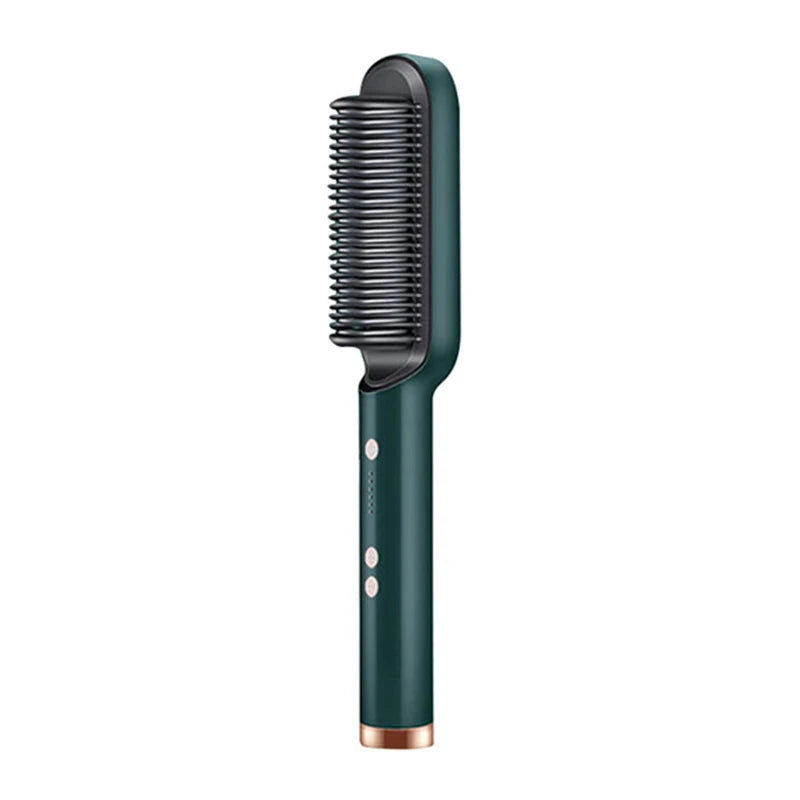 Dark green ceramic hair straightener brush with professional styling bristles and portable ergonomic design.