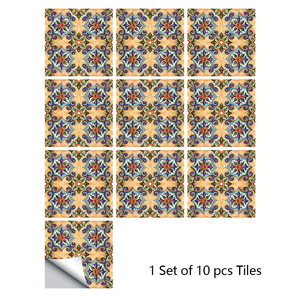 Set of 10 mosaic tile stickers with blue-and-gold floral square tiles