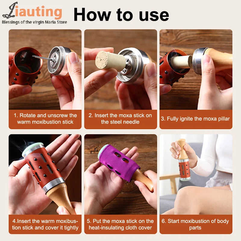 Instruction guide for hand-held warm jade moxibustion device for hot compress therapy, featuring moxa stick insertion.