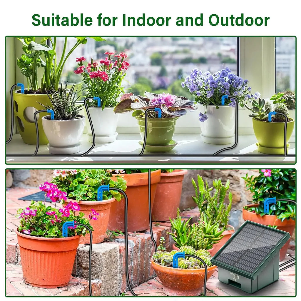 Solar drip irrigation kit with solar panel and blue-tube drip lines for indoor and outdoor pots