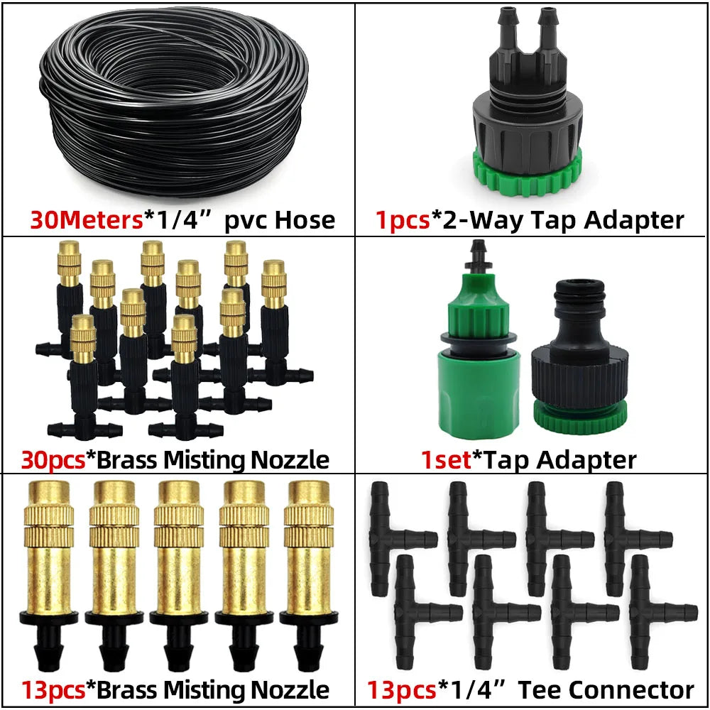 Outdoor misting system kit with 30m black hose, brass nozzles, green tap adapter.