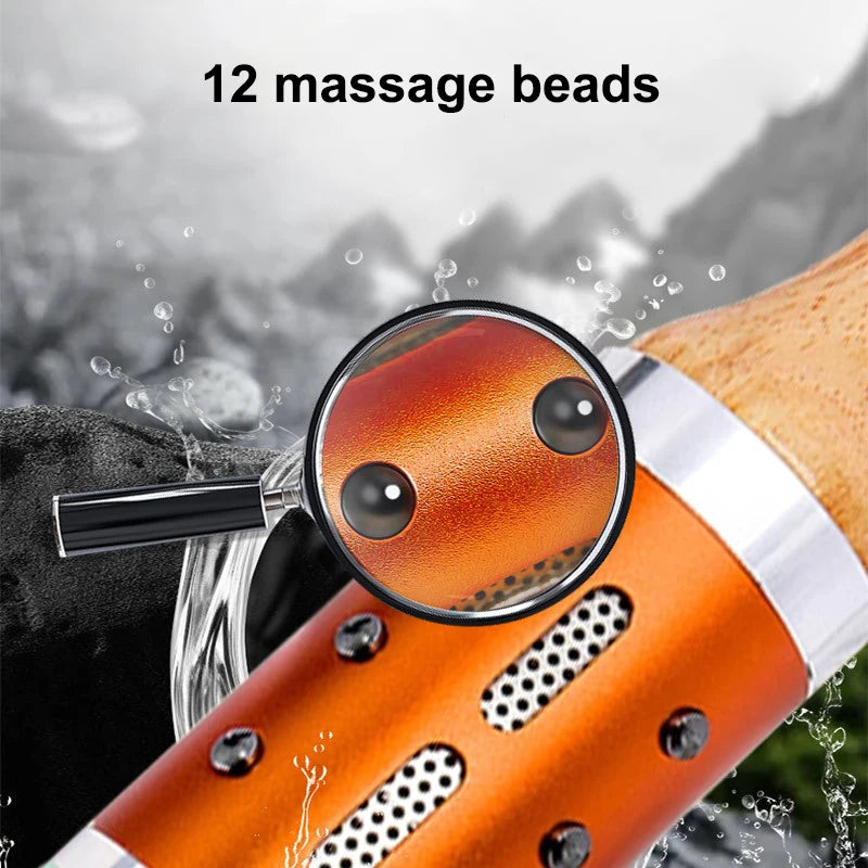Orange hot compress jade facial massage device with 12 beads for tightening therapy under magnifying glass view.