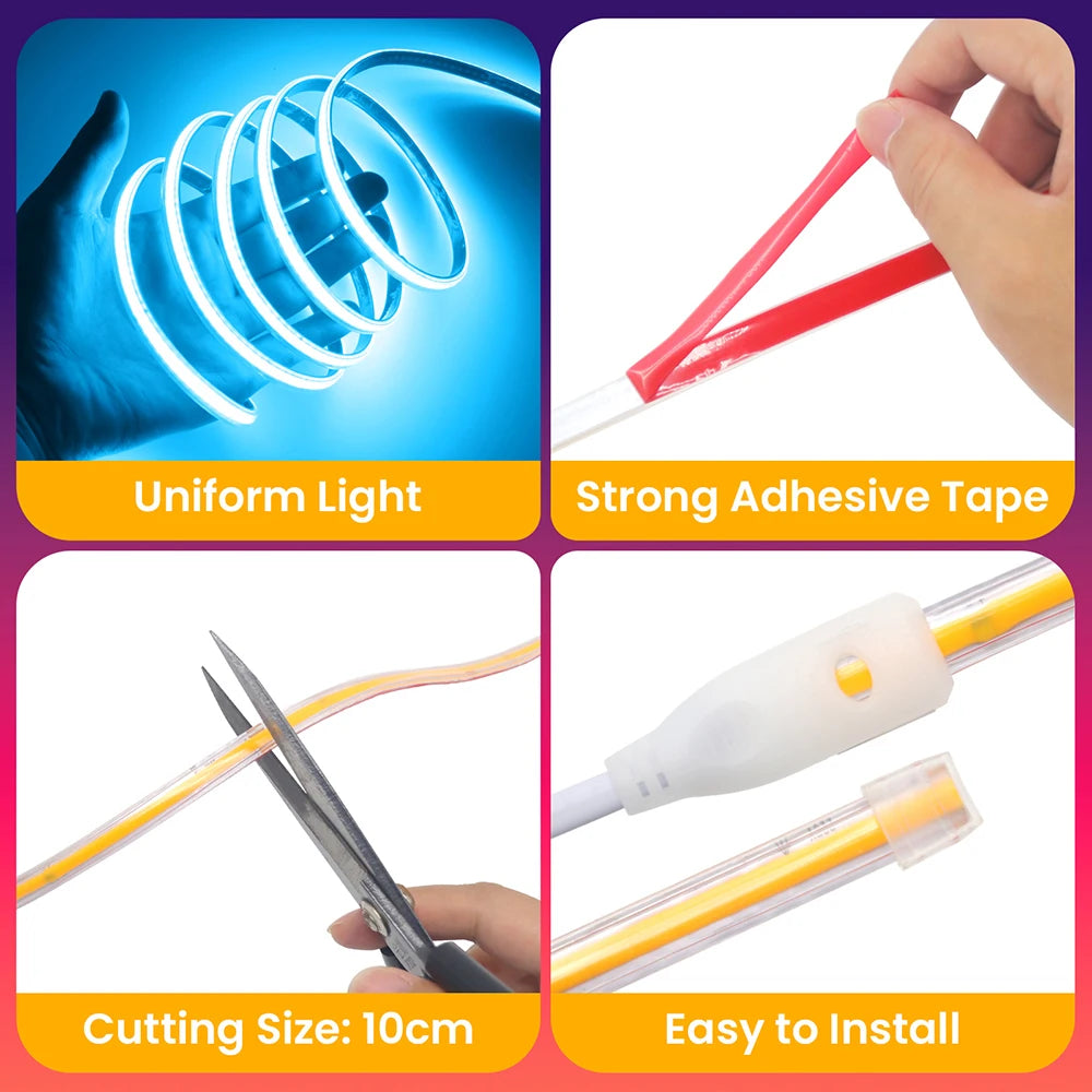 220V 10 Colors Dimmable COB LED Strip Light 240 LEDs Flexible Tape Dimmer EU Power Plug Kit TV Night Lights Home Linear Lighting