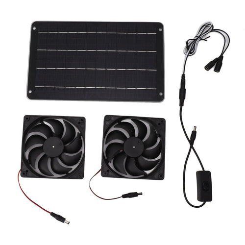 Solar panel with two black cooling fans and inline switch control, with power cables