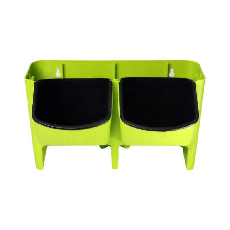 Green two-pot hanging wall planter with black inserts and central divider