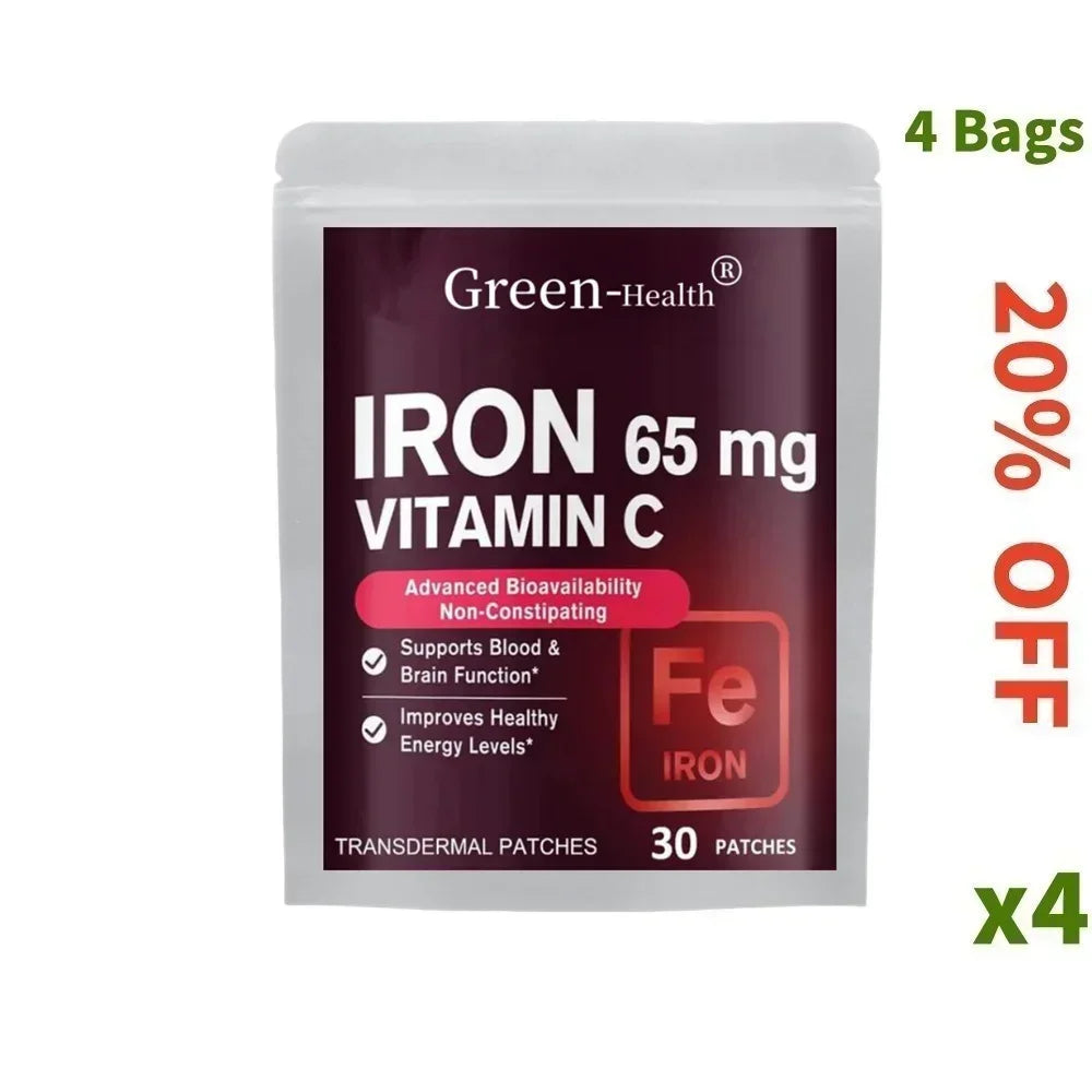 30 Patches Iron Transdermal Patches For Women And Men, With Vitamin C, Blood, Energy, Muscle & Immune System Support