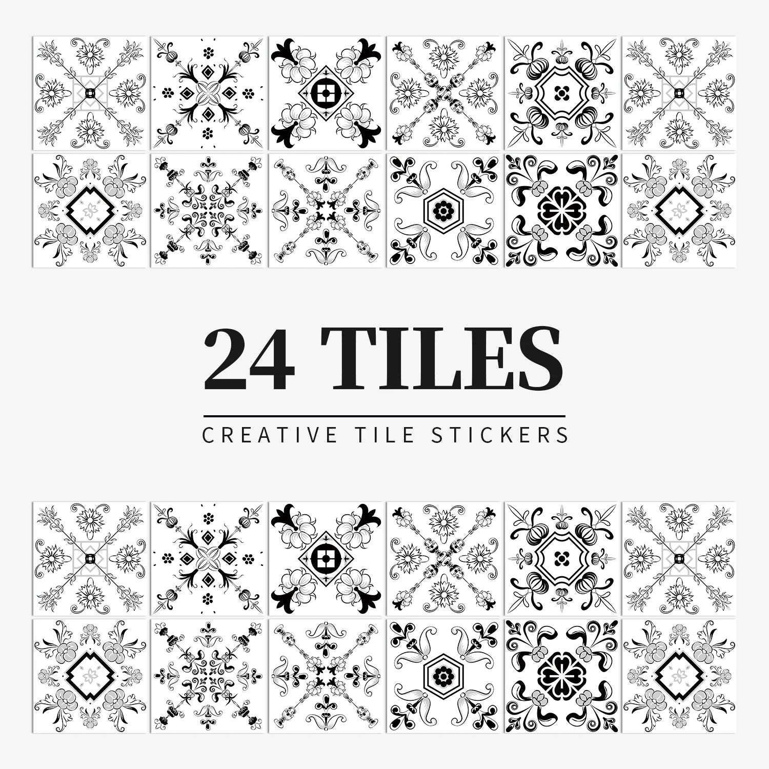 24 pcs/pack, Waterproof and Oil-proof, Easy To Clean, Black And White Simplicity Pattern Self-adhesive PVC Tile Stickers