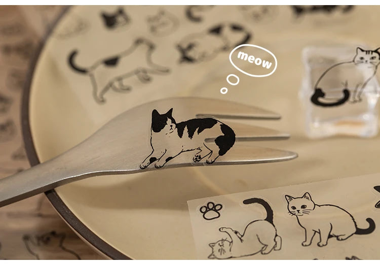 Cute black and white cat PET stickers on a fork for DIY scrapbooking, journaling, and creative craft decoration.