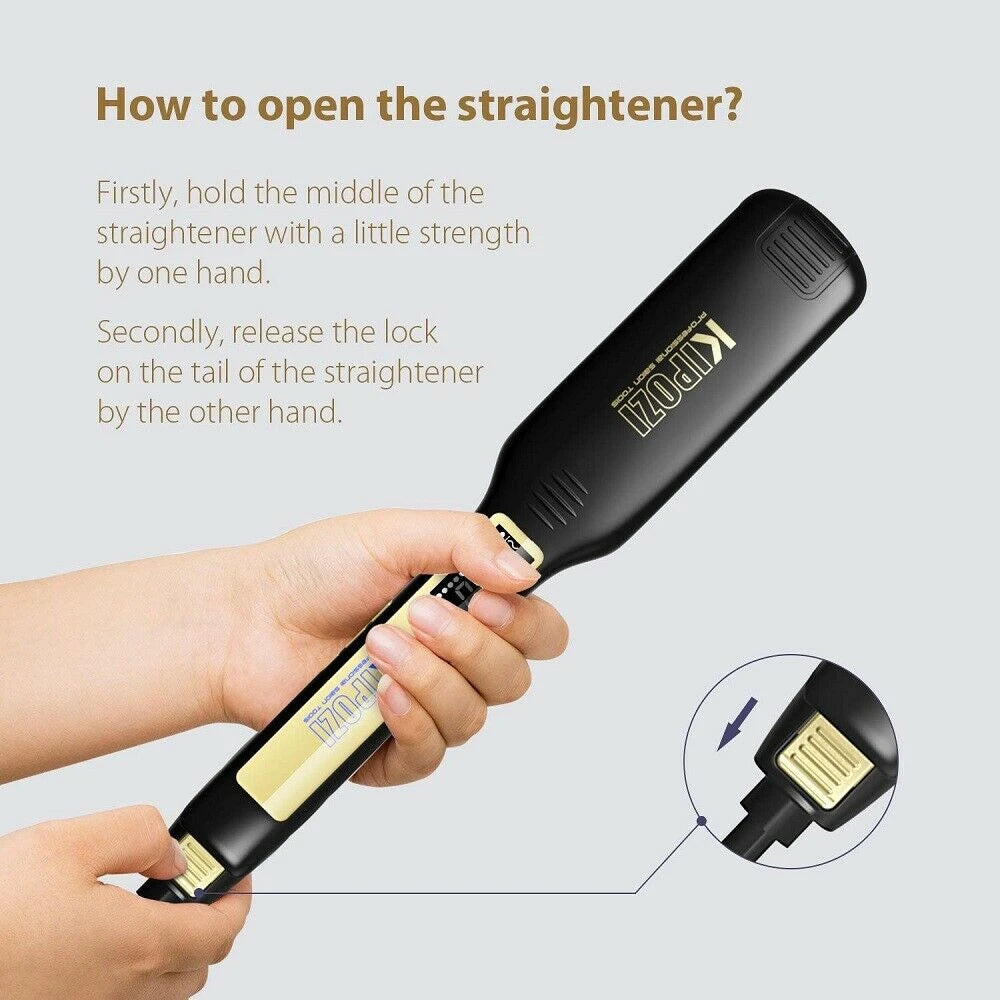 KIPOZI black titanium flat iron hair straightener with digital display, showing how to unlock the locking mechanism.