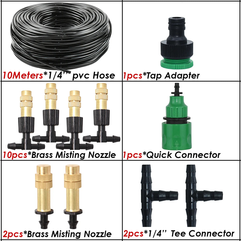 5M-30M Misting Cooling System Garden Irrigation Watering 1/4'' Brass Atomizer Nozzles 4/7mm Hose for Outdoor Patio Greenhouse