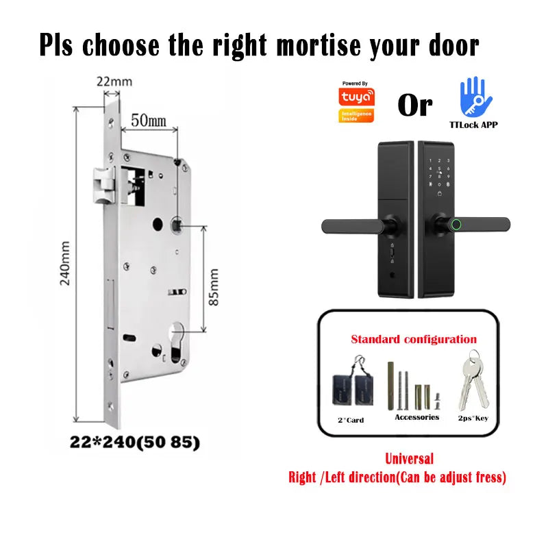 Keyless Tuya Bluetooth APP Digital Biometric Fingerprint Electric Smart Door Handle Key Card Lock with 5050 72 85 Mortise