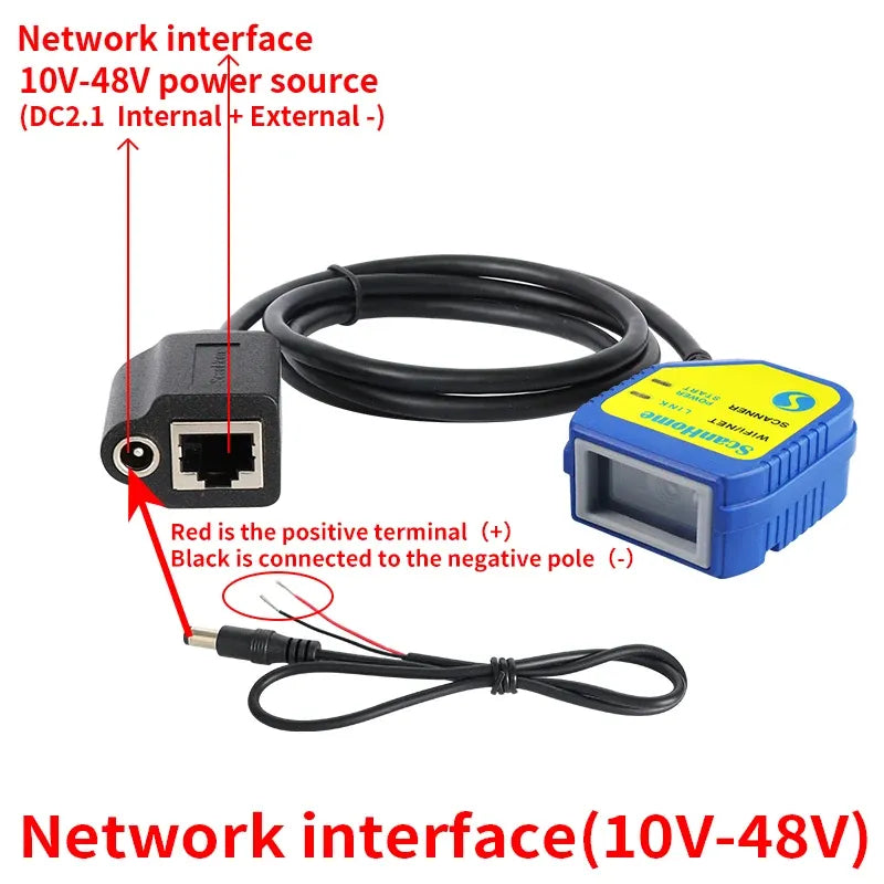 Blue barcode scanner interface module with Ethernet port and black cable harness