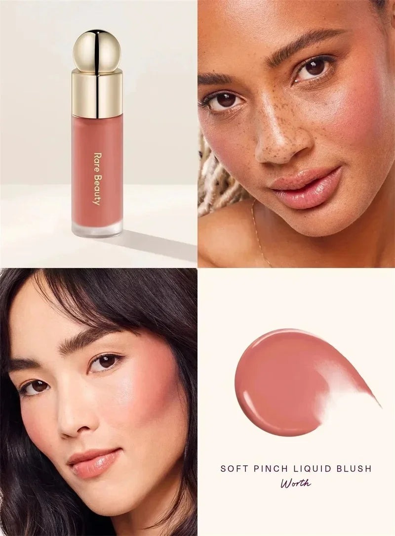 Tidesmit Rare Beauty silky liquid highlighter and soft pinch blush texture close-up for lasting oil control makeup