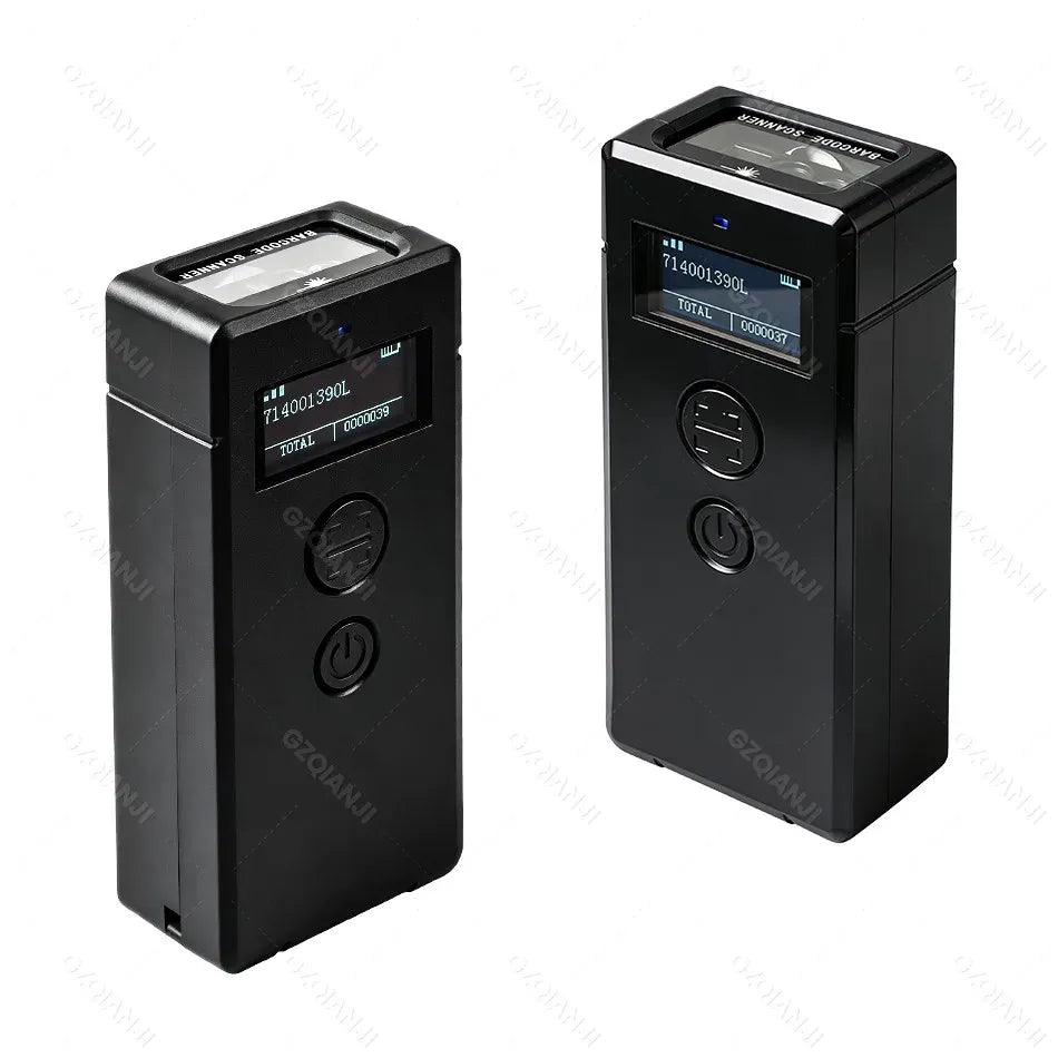 Wireless 2D barcode scanner shown from two angles with front scan window