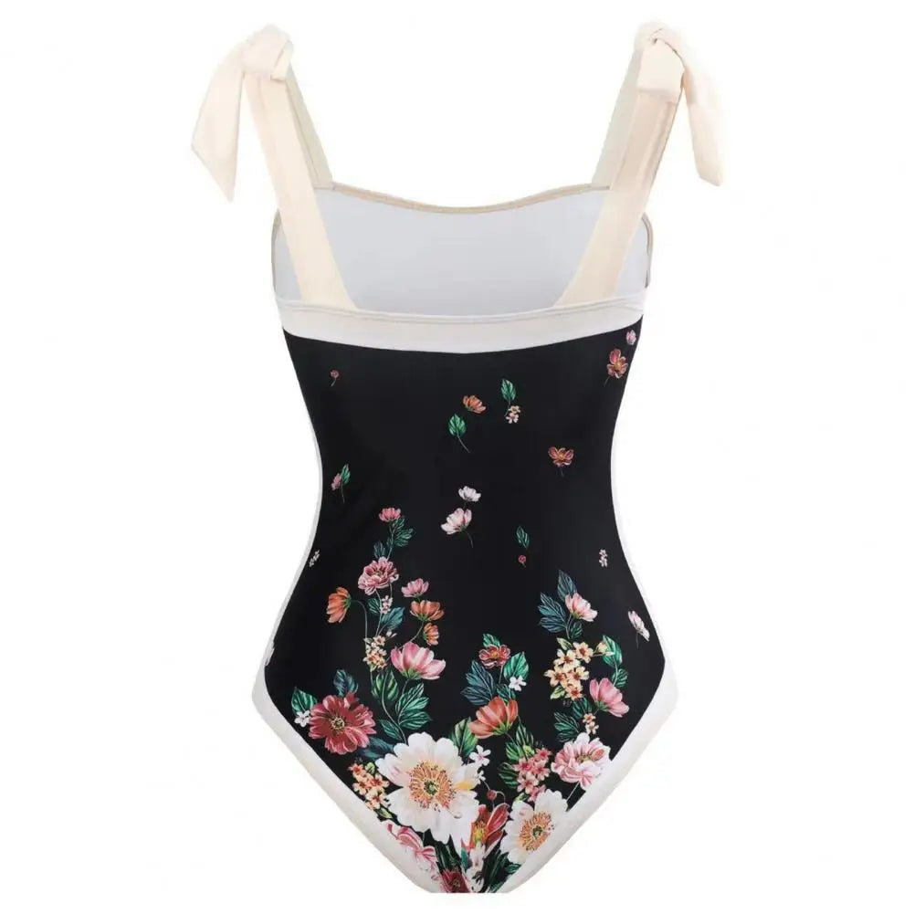 2Pcs/Set Women Monokini Suit Vintage Print One-Piece Square Neck Tie Swimsuit With Skirt Sling Lady Swimsuit With Beach Cover Up