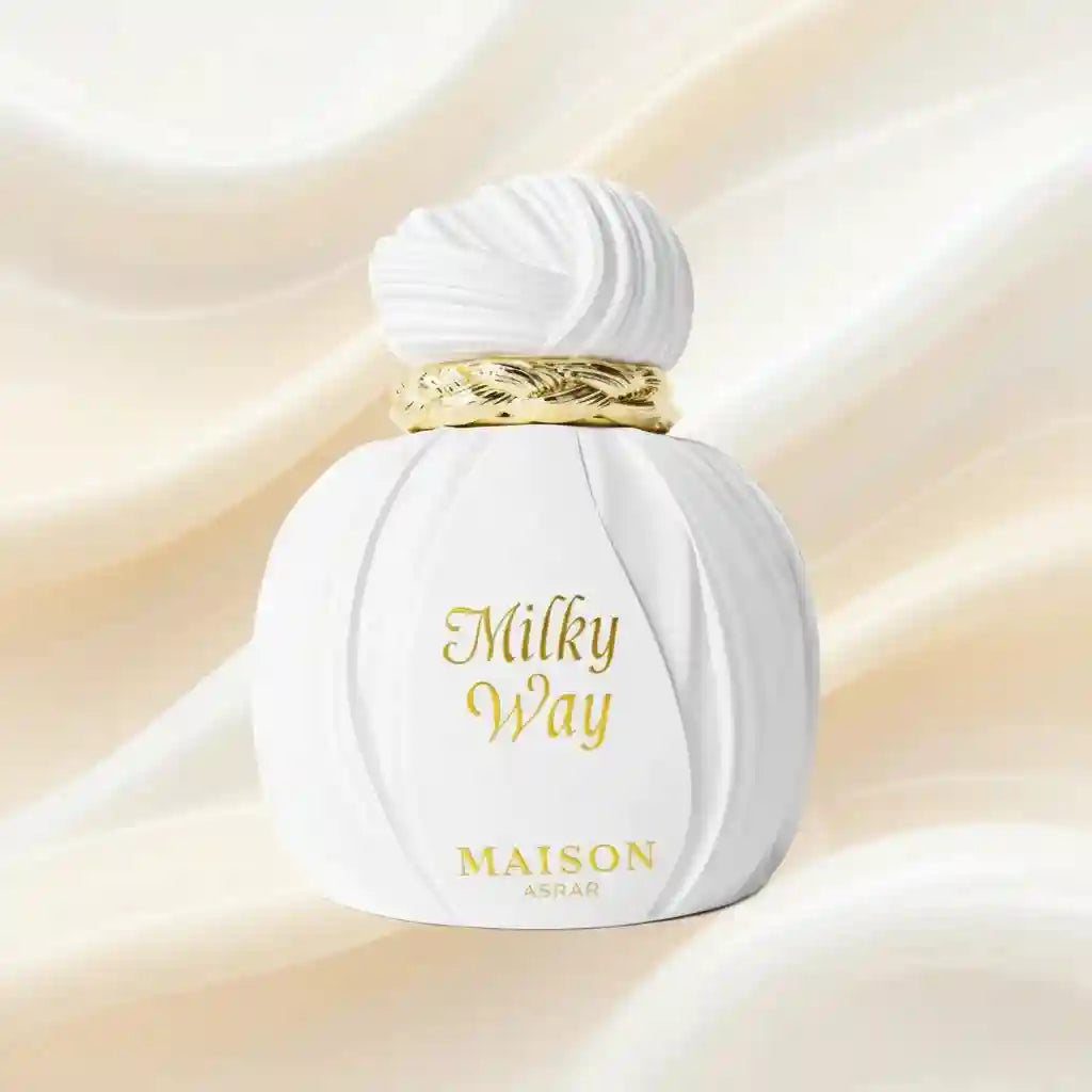 Maison Asrar Milky Way 100ml unisex EDP. White ribbed bottle, vanilla, plum, caramel, sandalwood. Long-lasting perfume.